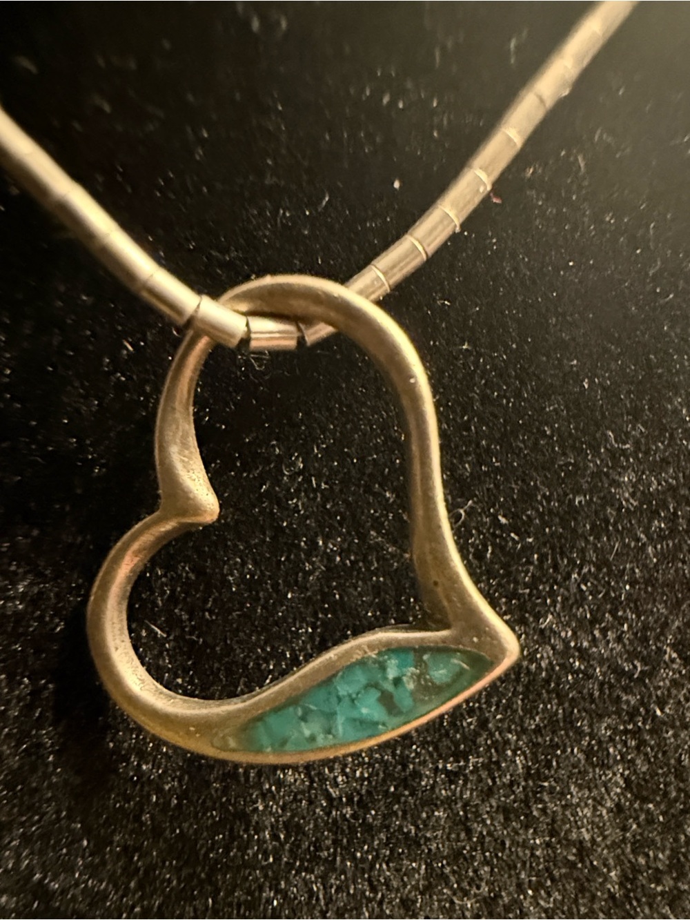 Vintage 1970s liquid silver necklace with floating silver heart with turquoise